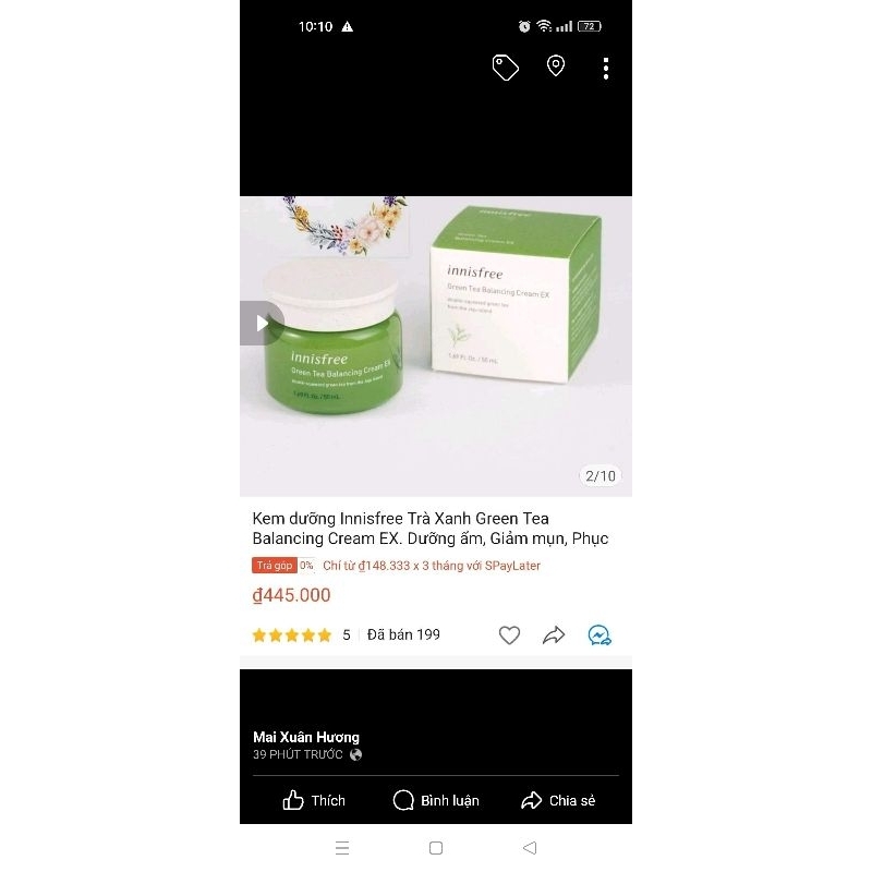 KEM DƯỠNG TRÀ XANH INNIS 50ML