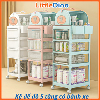 Kệ Để Đồ Sơ Sinh 4 Tầng LittleDino Tặng Kèm Khay Đựng Bình Sữa, Có Bánh Xe Chất Liệu Nhựa PP An Toàn Cho Bé