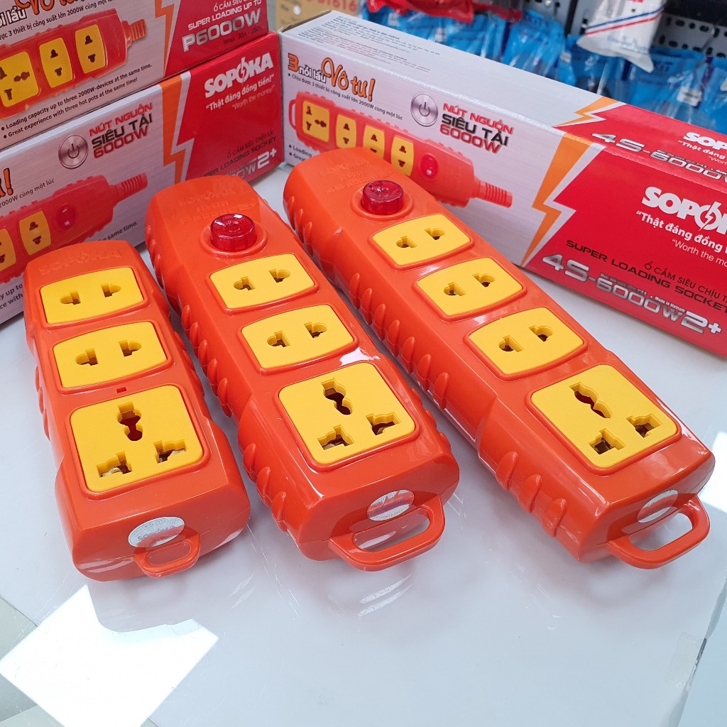 Ổ cắm điện 3 lỗ, 4 lỗ công suất 6000W chịu tải, chống cháy, chống vỡ, không dây P6000W 4S-6000W2+ Sopoka