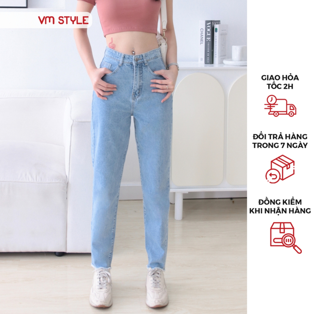 Quần jean baggy nữ VMSTYLE trơn cạp cao lai tua basic - QJB00003