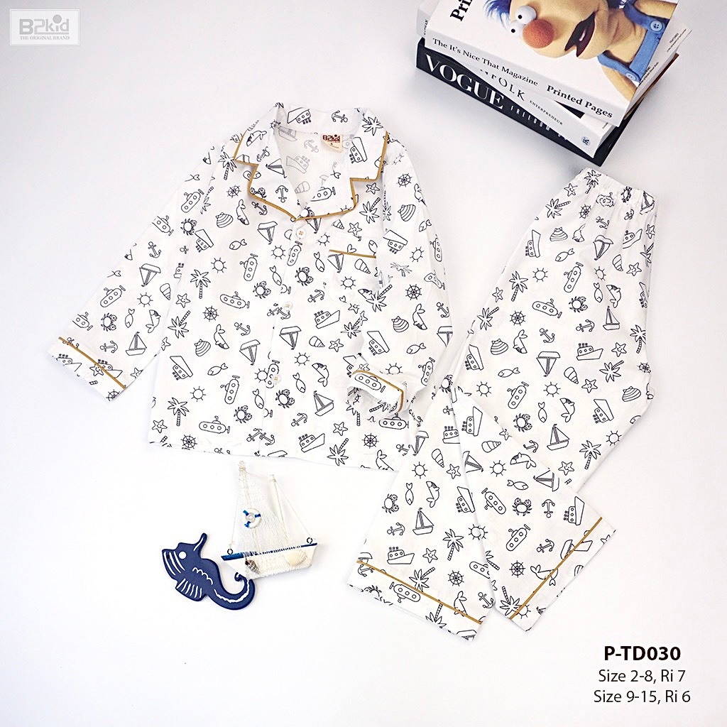Đồ bộ ngủ pijama cho bé dài tay size đại xanh Noel, cá, đại dương B2kid 7 8 9 10 11 12 13 14 15 tuổi 25kg - 45