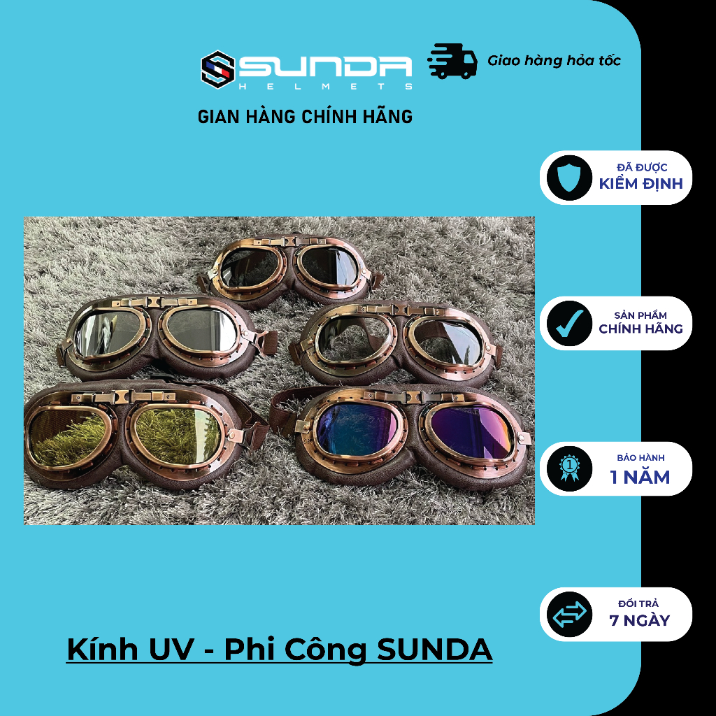 Kính Phi Công - UV400 SUNDA gắn mũ bảo hiểm nửa đầu - mũ 3/4