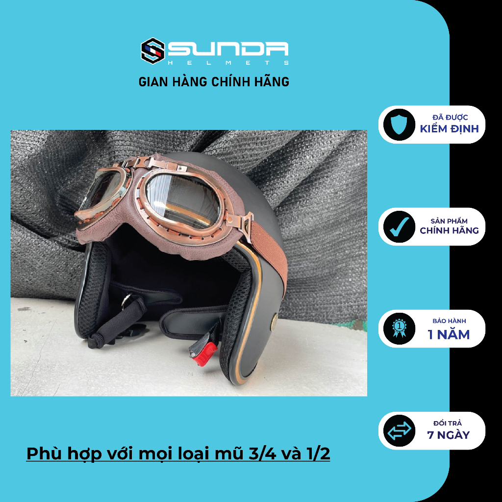 Kính Phi Công - UV400 SUNDA gắn mũ bảo hiểm nửa đầu - mũ 3/4