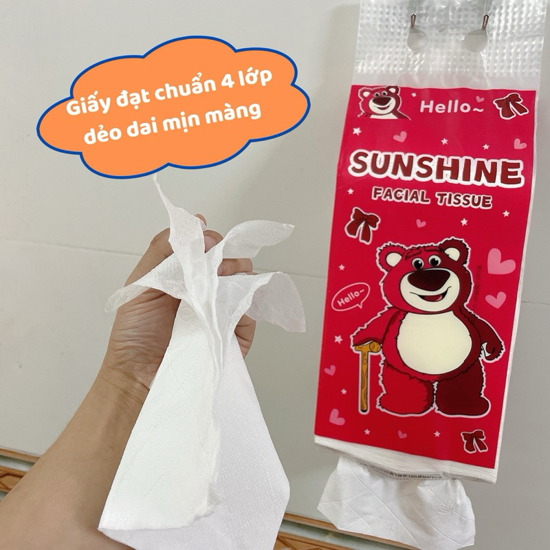 Thùng 4 Túi Giấy Rút Treo Tường GẤU DÂU LOTSO 1280 tờ nội địa trung, bịch giấy rút siêu dai
