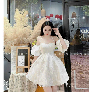 Đầm thời trang nữ dự tiệc sang trọng chất tapta cổ dây có mút trễ vai dáng váy dài xoè midi phối ren dọc trẻ trung