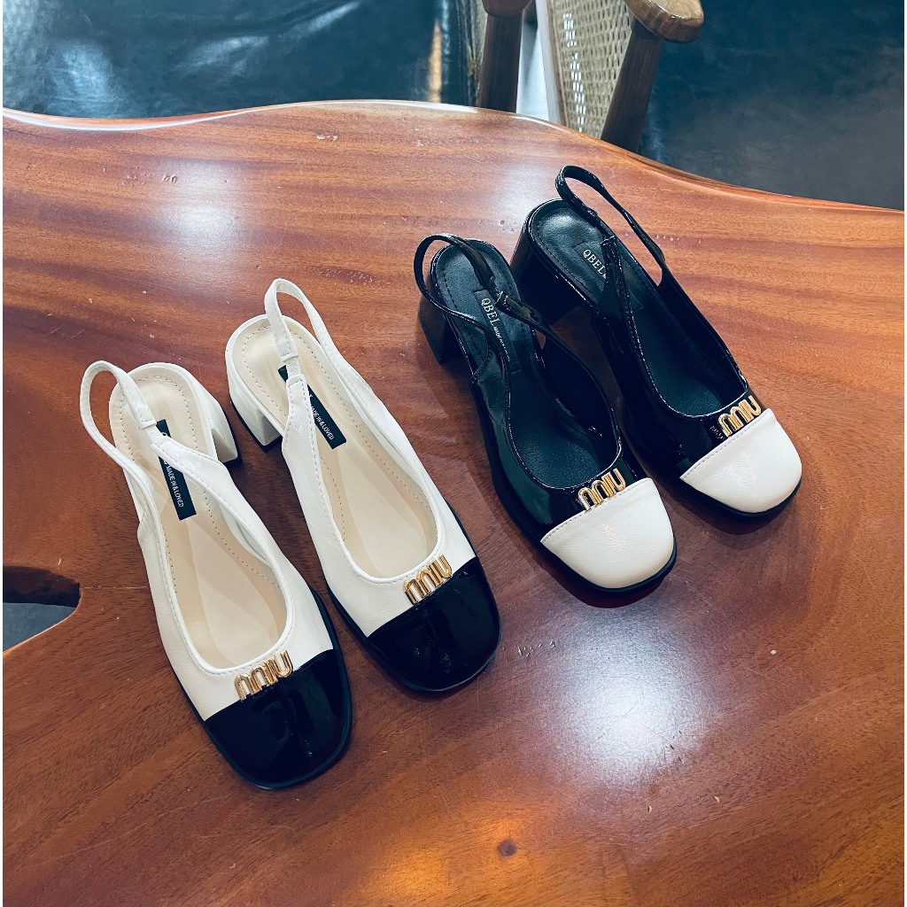 Form to 1 size - Sandal bít mũi da bóng khuy chữ chun sau gót trụ thấp - 4P