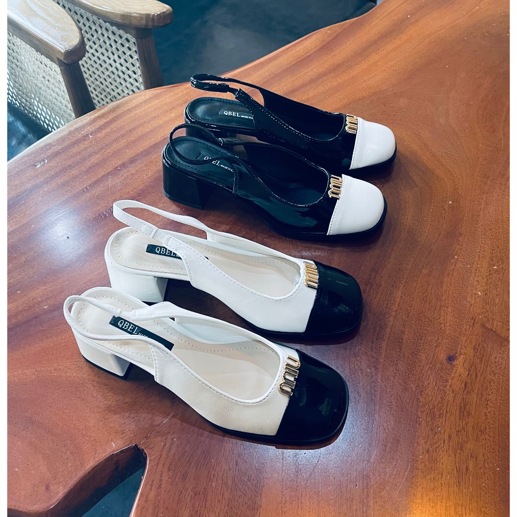 Form to 1 size - Sandal bít mũi da bóng khuy chữ chun sau gót trụ thấp - 4P