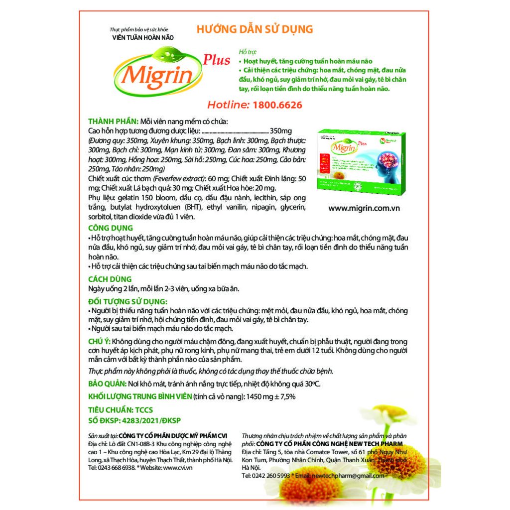 Cải thiện Rối loạn tiền đình, đau đầu, chóng mặt nhờ Migrin Plus - Hộp 20 viên