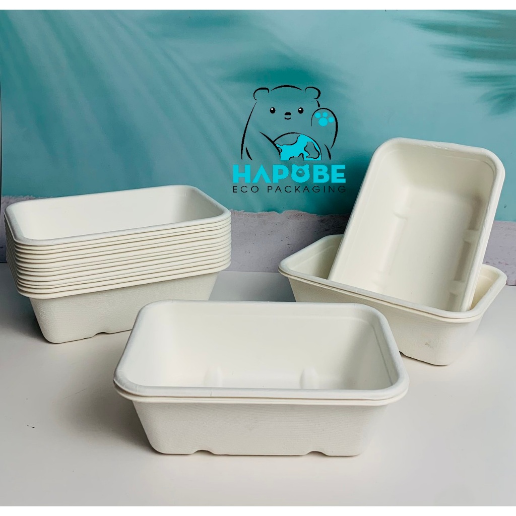 Combo 50 hộp bã mía chữ nhật màu trắng 650ml BHZ023 nắp PET trong