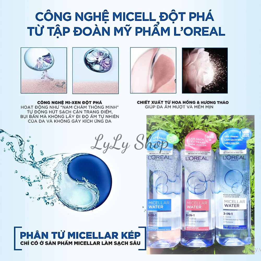 Nước Tẩy Trang L'Oreal Paris l Micellar Water Làm Sạch Sâu 3 In 1, Làm Sạch Lớp Trang Điểm, Cấp Ẩm, Làm Dịu Da Mặt, An T