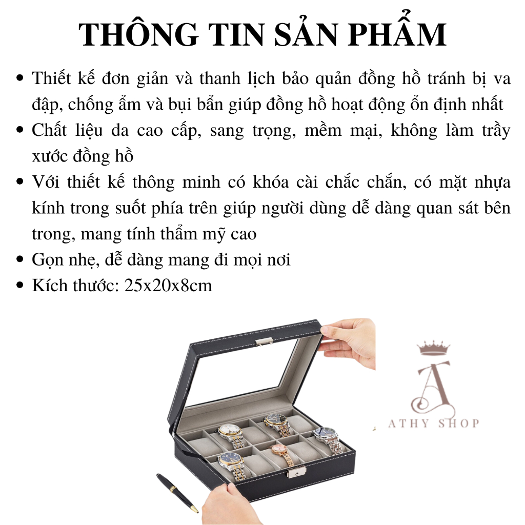 HỘP ĐỂ ĐỒNG HỒ 10 NGĂN BỌC DA SANG TRỌNG có mặt kính trong suốt leather watch box ATHY SHOP