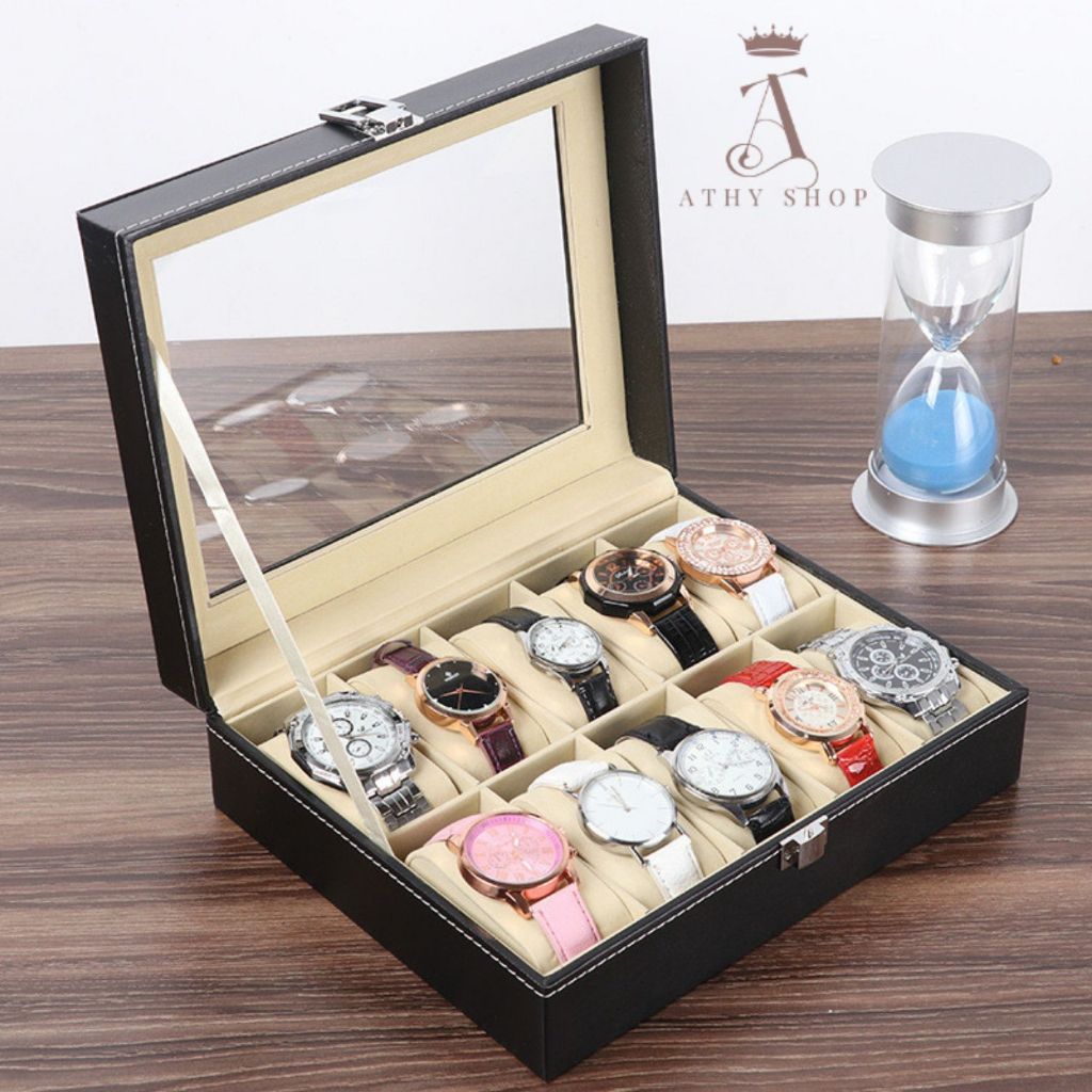 HỘP ĐỂ ĐỒNG HỒ 10 NGĂN BỌC DA SANG TRỌNG có mặt kính trong suốt leather watch box ATHY SHOP