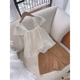 Set áo tơ in hoa quần short nâu