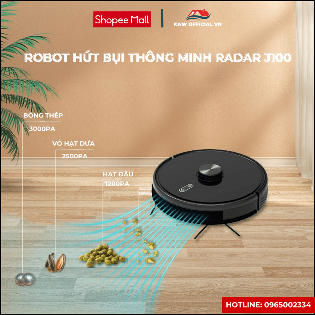 Robot Hút Bụi Lau Nhà Tự Động Tích hợp Thông Minh RADAR J100 Điều Khiển Bằng Điện Thoại - Pin 3200mAh, Lực Hút Mạnh 3500