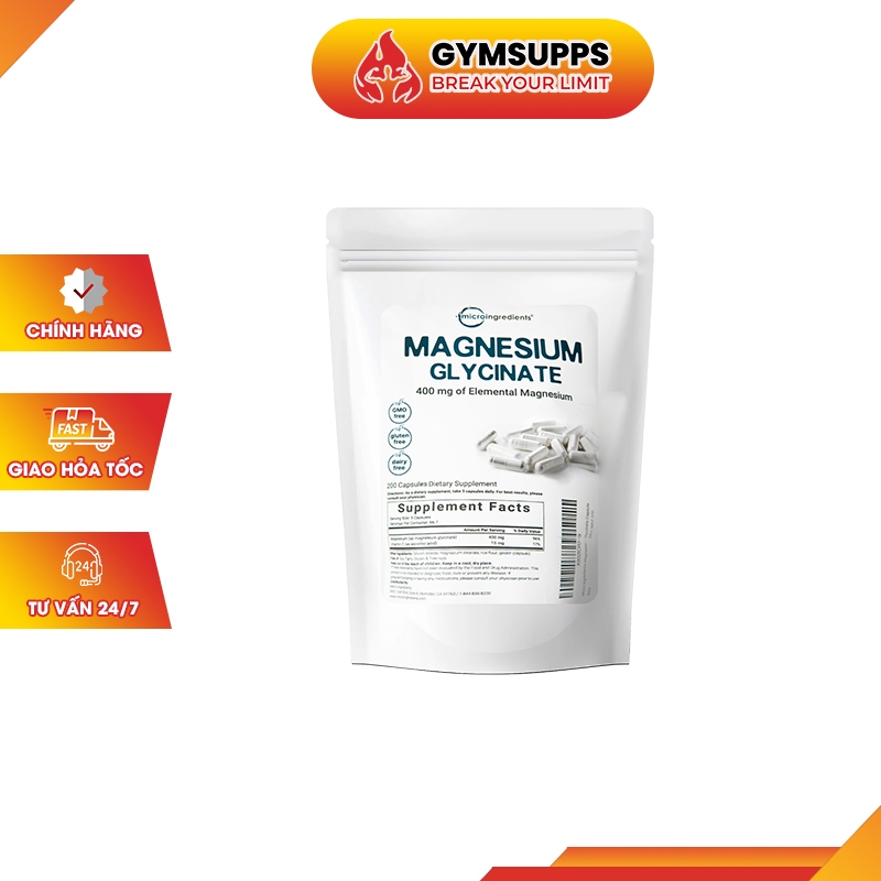 MICROINGREDIENTS MAGNESIUM GLYCINATE 400Mg 200 Viên Nhộng Bổ Sung Magie Hỗ Trợ Sức Đề Kháng