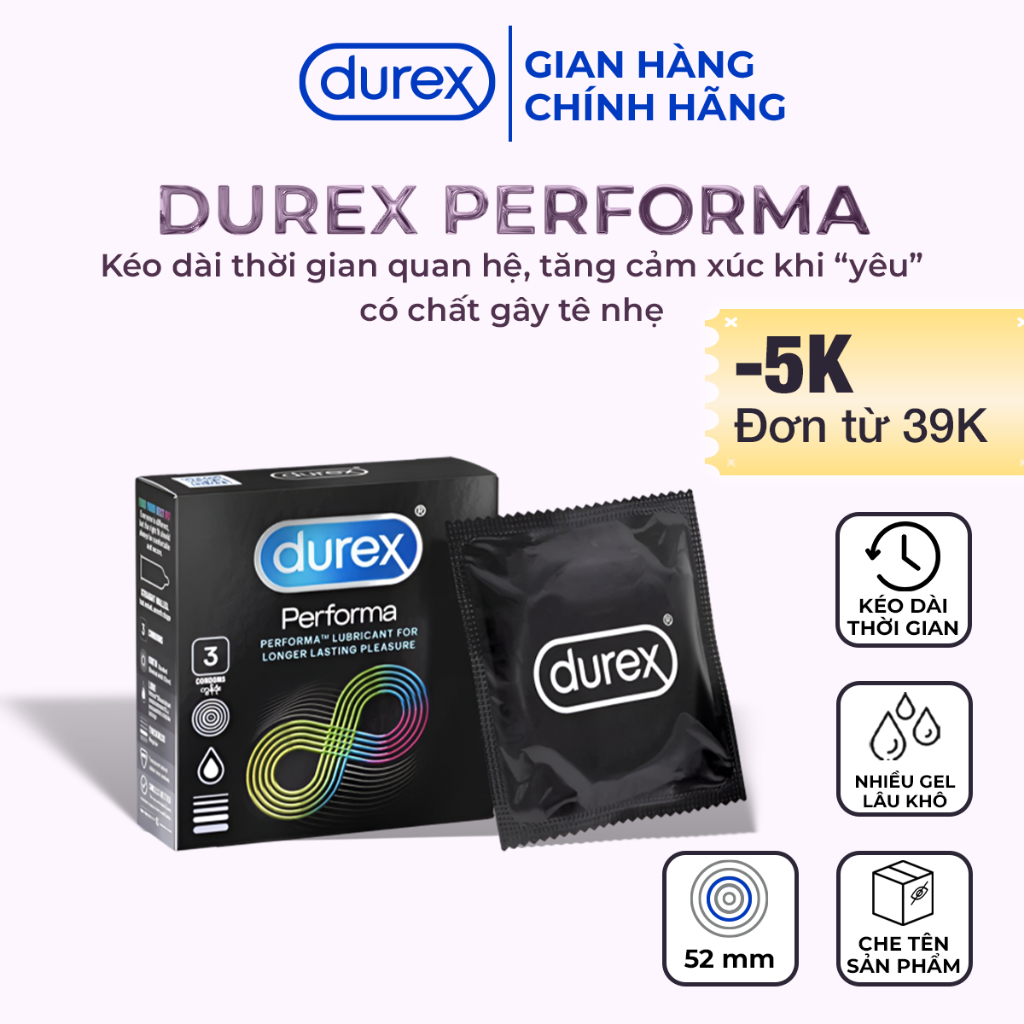 Bao Cao Su Durex Performa Kéo Dài Thời Gian Làm Chậm Lên Đỉnh Hộp 3 cái Size 52mm - Ba Con Sói For Man