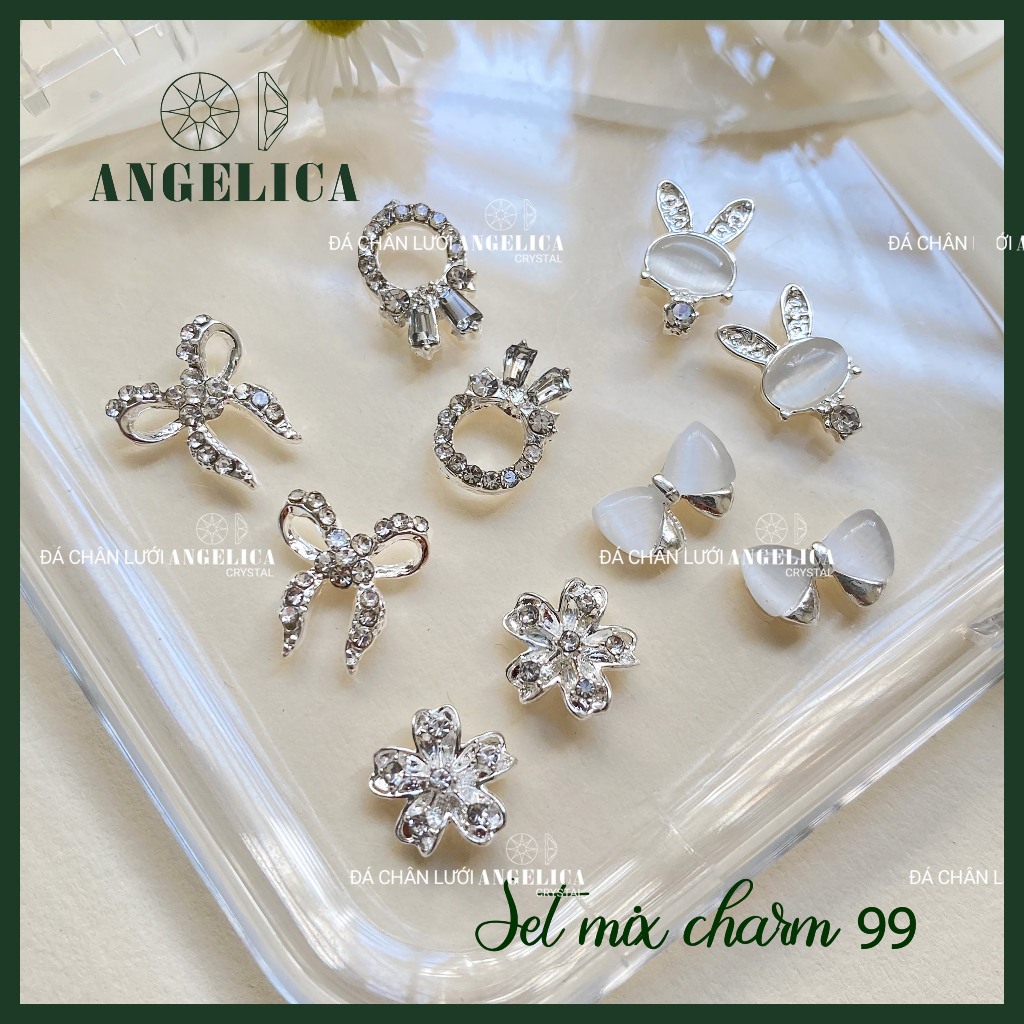 Set 10 chiếc charm đá nail kim loại ánh vàng, ánh bạc trang trí móng ANGELICA SMC