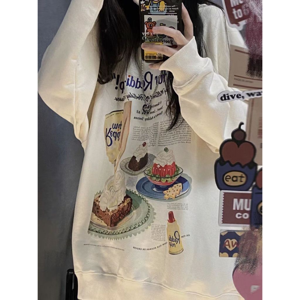 Áo nỉ cổ tròn Màu kem nữ thời trang Salute Sweater unisex Hàn Quốc cho vintage đẹp in hinh Y0528