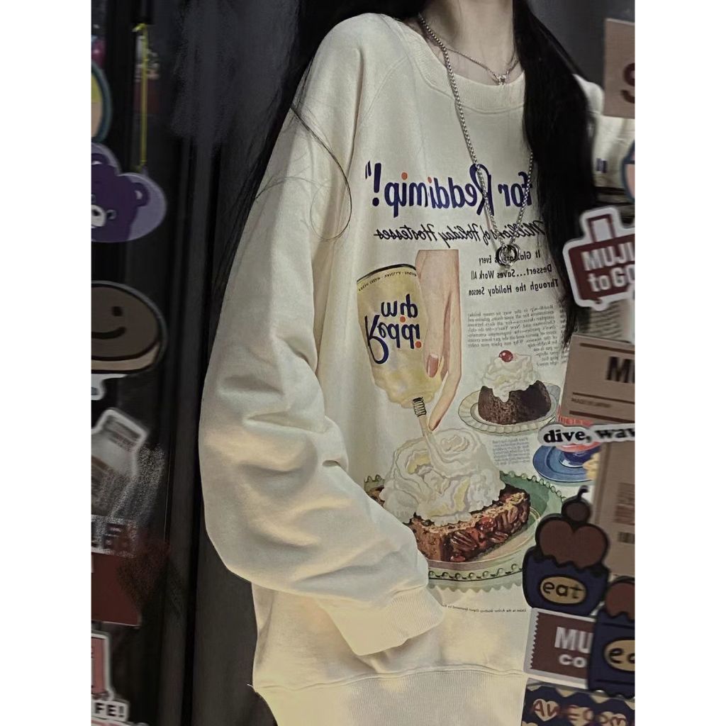 Áo nỉ cổ tròn Màu kem nữ thời trang Salute Sweater unisex Hàn Quốc cho vintage đẹp in hinh Y0528