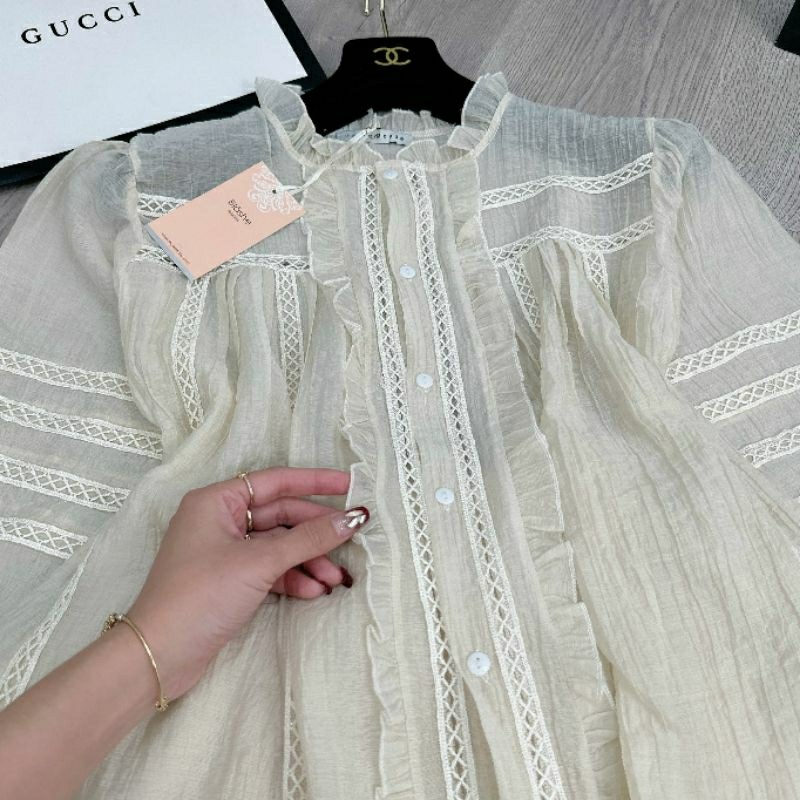 Set trắng phối ren nơ tay dài quần đùi