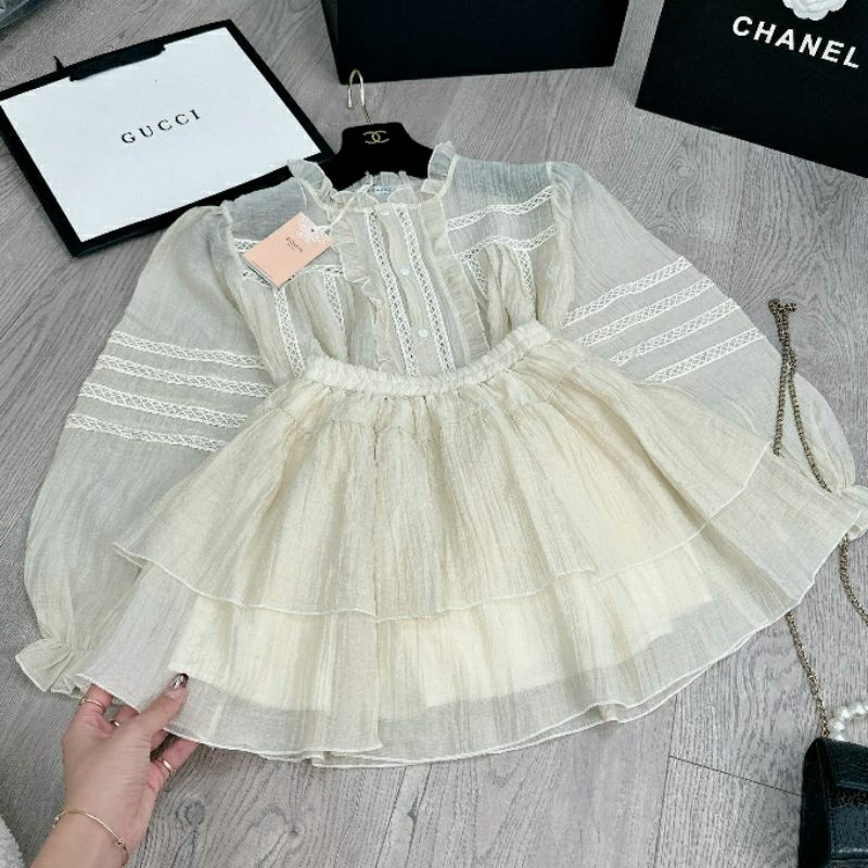 Set trắng phối ren nơ tay dài quần đùi