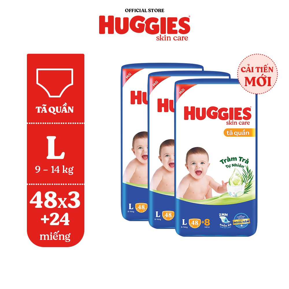 Thùng 3 gói Tã/bỉm quần HUGGIES SKINCARE gói M76+8/L68/XL60/XXL54 (M56/L48/XL40/XXL36+8)