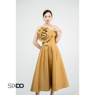 Đầm hai dây midi phối hoa ngực dáng xòe SIXDO