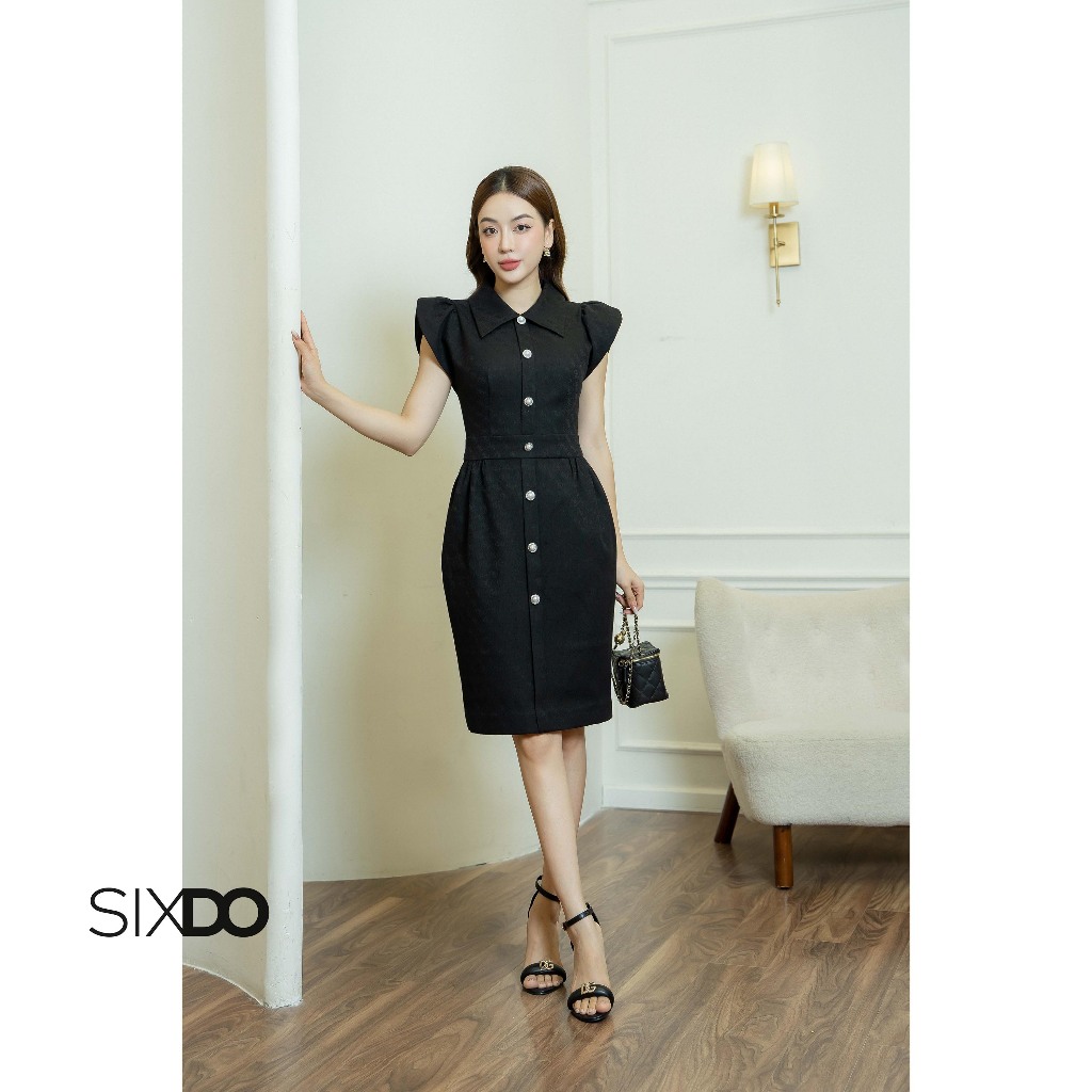 Đầm midi sơ mi tay hến SIXDO (Black Cap Sleeves Mini Raw Dress)