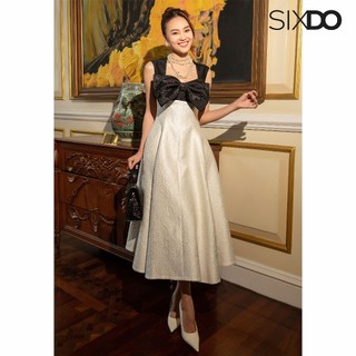 Đầm gấm xòe nơ ngực SIXDO (White Queen Anne Midi Brocade Dress)