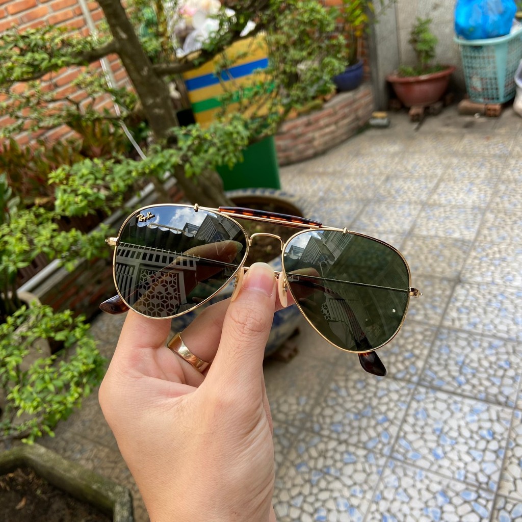 Kính rayban 3 cầu aviator chromax BL của Mỹ bọc vàng 12k, 2nd, tròng giọt lệ chuồn chuồn, màu xanh rau muống