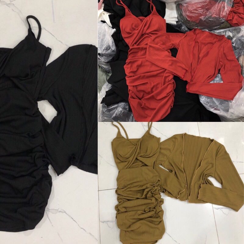 Đầm kèm khoát có đệm chất vải gân trung cotton vải mềm mịn daỳ có nhún hai bên Nữ
