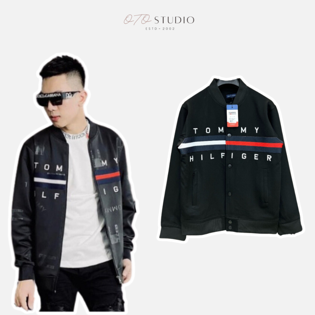 Áo Khoác Bomber TOmmy Thêu Chữ Viền Tay 3 Vạch - Áo Nỉ Siêu Hot 2024