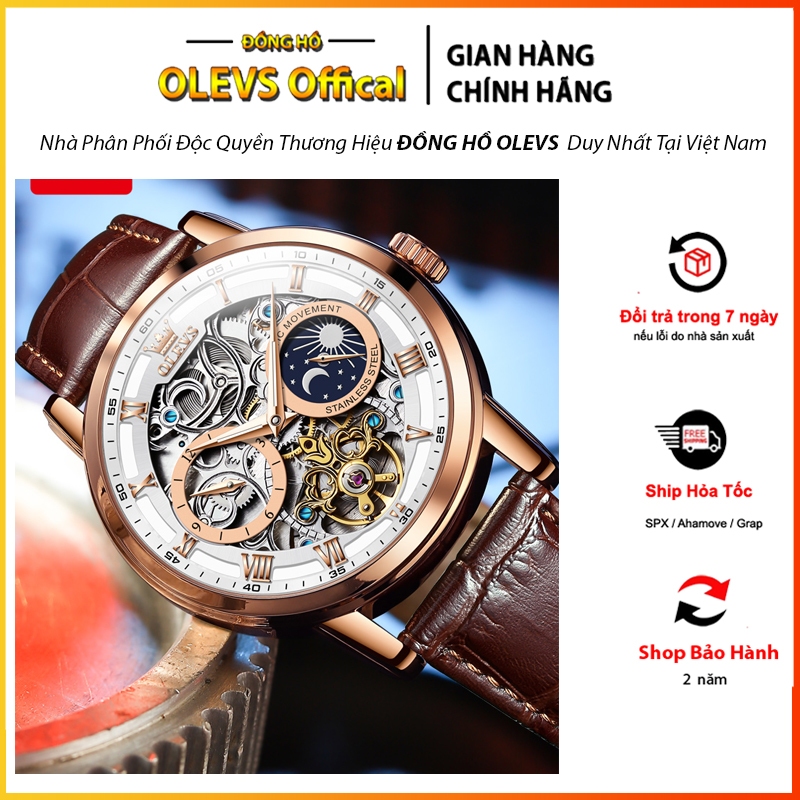 Đồng hồ Olevs automatic nam lộ máy cơ cao cấp size 44m, Đồng hồ dây da nam đeo tay phong cách thời thượng