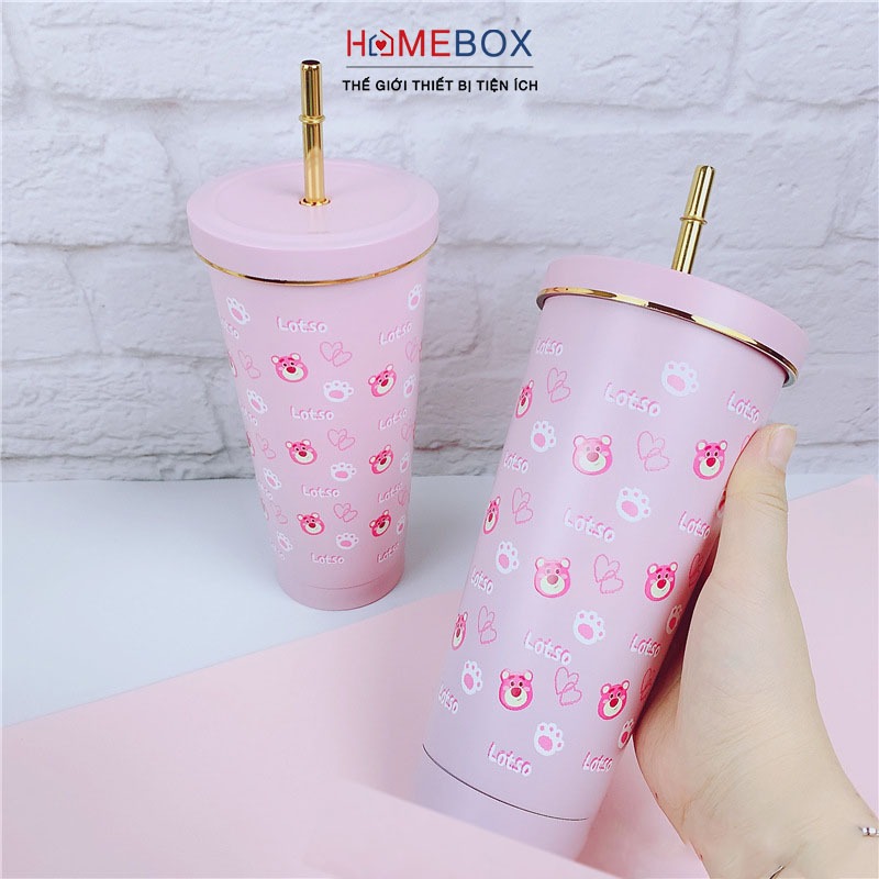 Ly Giữ Nhiệt Gấu Dâu LOTSO 450ml, 750ml - Bình Đựng Nước Giữ Nhiệt Inox 304 Tặng Kèm Ống Hút Cọ Vệ Sinh