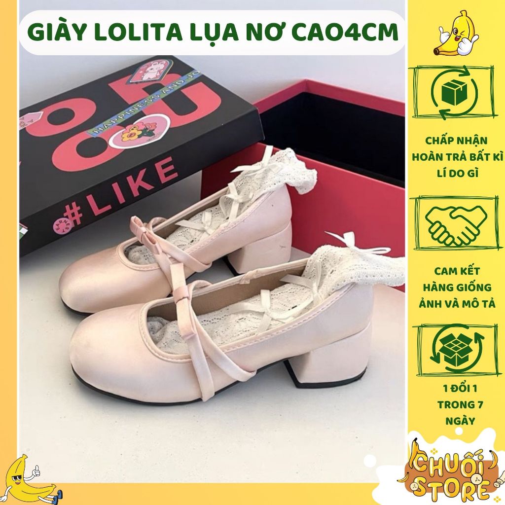 Giày Lolita Balet lụa nơ mũi tròn đế cao 5cm kiểu dáng tiểu thư nhẹ nhàng phù hợp đi học đi chơi