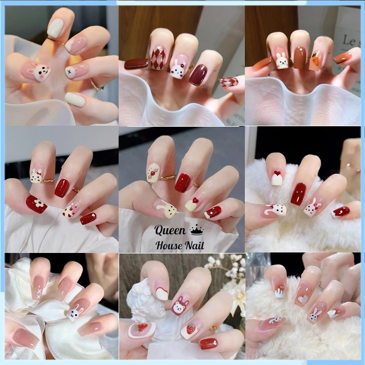 Móng tay giả con thỏ dễ thương, Mẫu nail ngắn vuông đơn giản đẹp dễ thương, Nailbox, Nail xinh