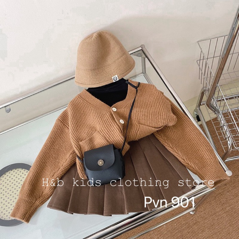 Váy bé gái , sét áo cardigan nâu tăm phối chân váy xếp ly sành điệu cho bé gái 10-30kg