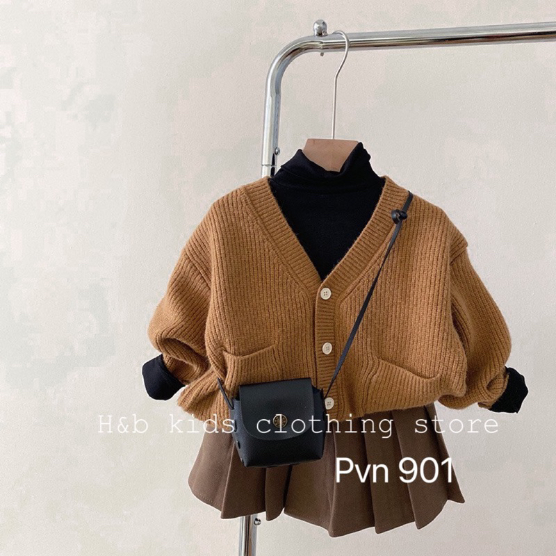 Váy bé gái , sét áo cardigan nâu tăm phối chân váy xếp ly sành điệu cho bé gái 10-30kg