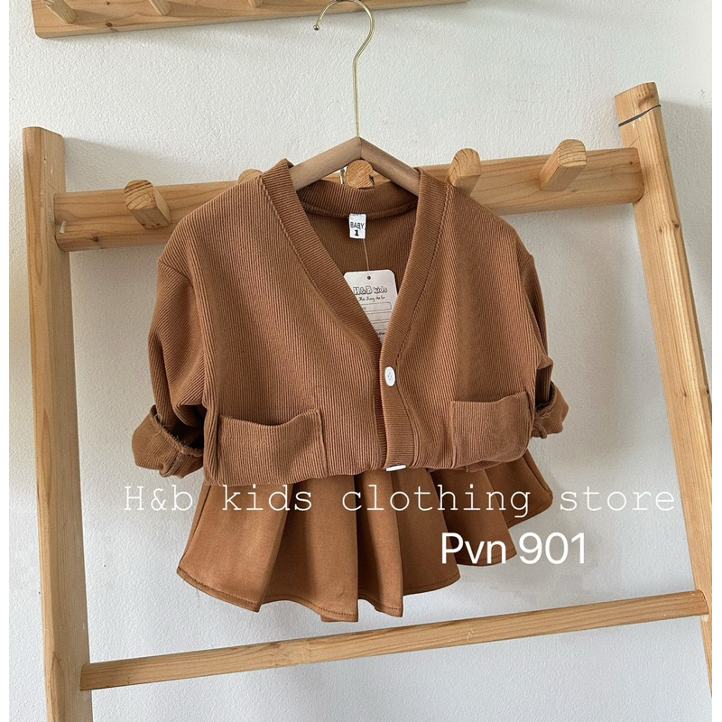 Váy bé gái , sét áo cardigan nâu tăm phối chân váy xếp ly sành điệu cho bé gái 10-30kg