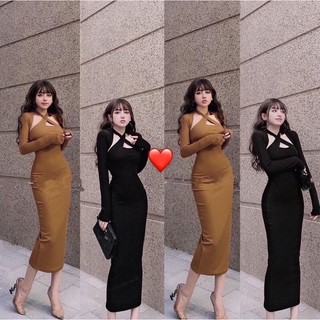 đầm tay dài dáng dài xoắn chéo cổ chất tăm mềm