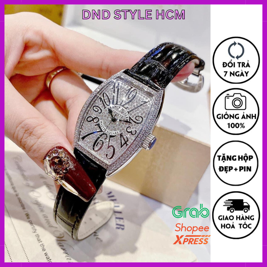 Đồng hồ nữ đẹp dây da Franck, đồng hồ nữ đẹp dây da mặt ovan đính đá nữ tính trẻ trung cực xinh - DndStyle