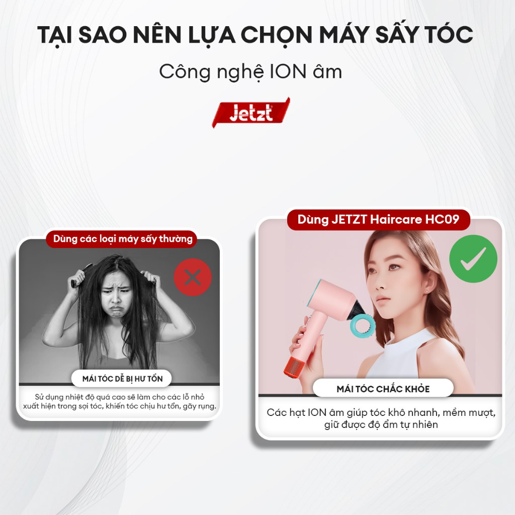 Máy sấy tóc Jetzt Hair Care HC09 hai chiều nóng lạnh bổ sung ion âm bảo vệ tóc tạo kiểu chuyên nghiệp