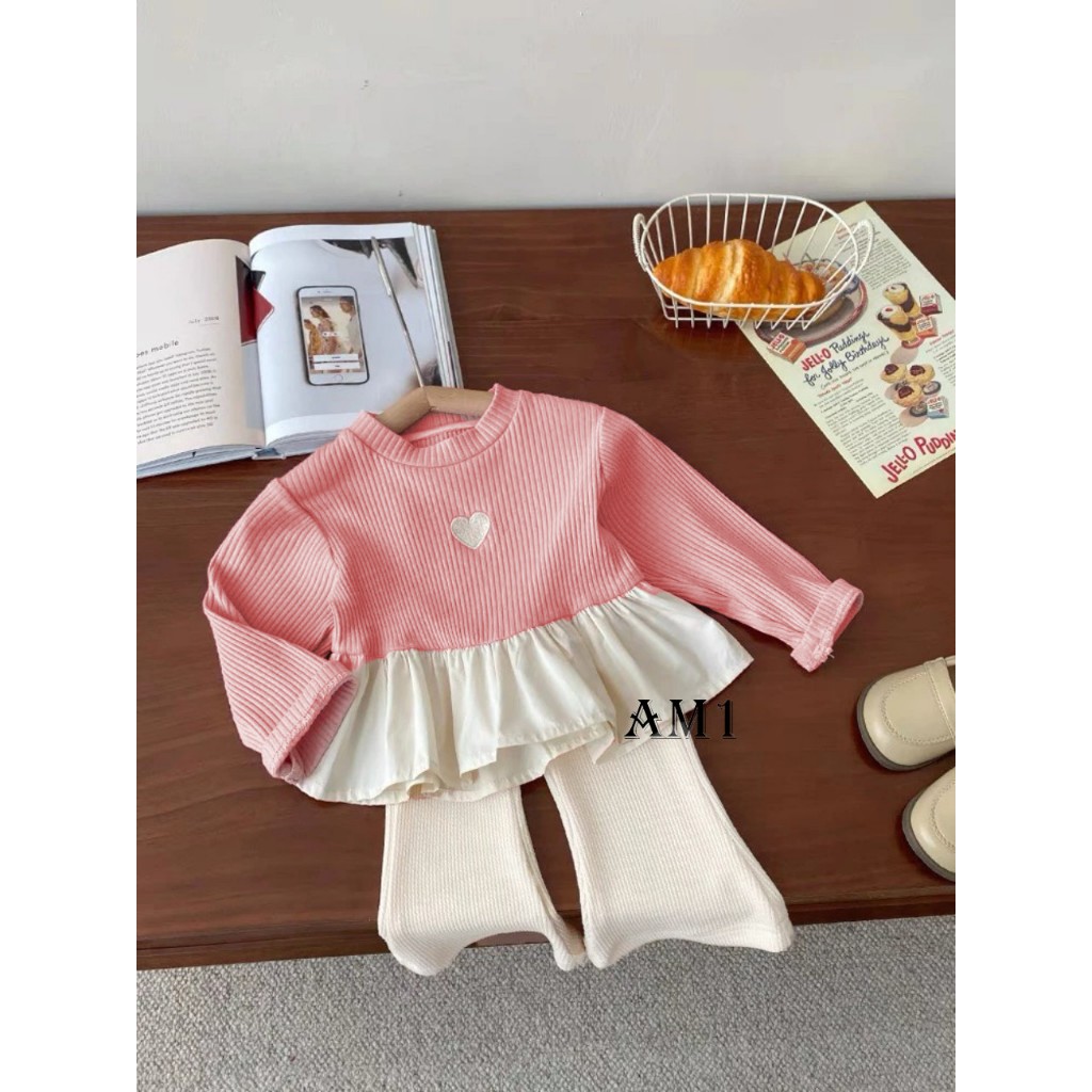 Đồ bộ bé gái dài tay thêu trái tim - đồ bộ thu đông quần áo trẻ em chất tăm TB393