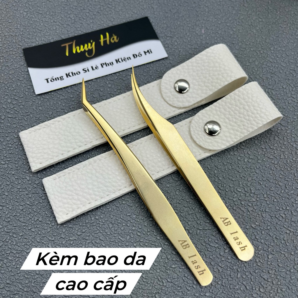 (tặng bao da) nhíp tách mi,nhíp nối mi classic Vàng AB Lash mũi Nhám 45 độ_tạo fan_gắp mi_Thúy Hà