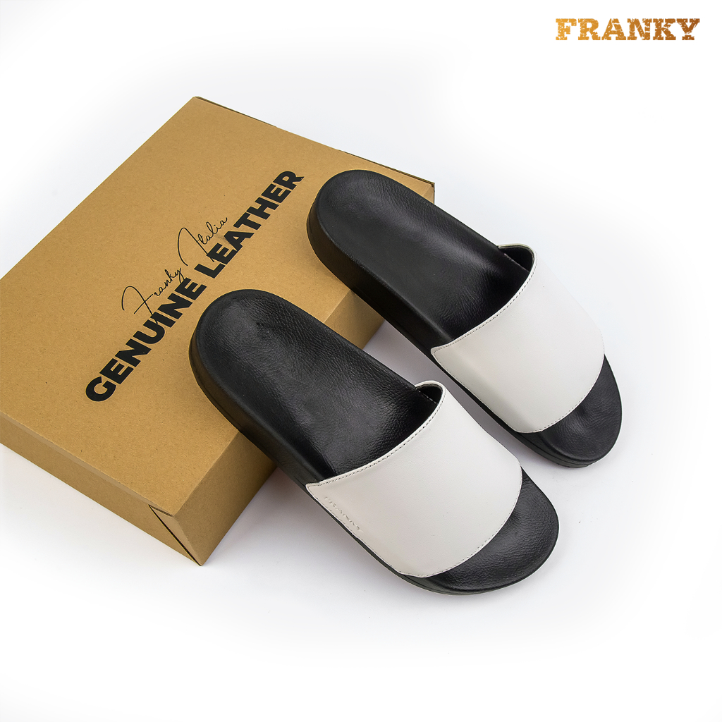 Dép Da Nam Franky Basic Slippers- White Da Bò Thật Đế Cao Su Chống Trơn Trượt
