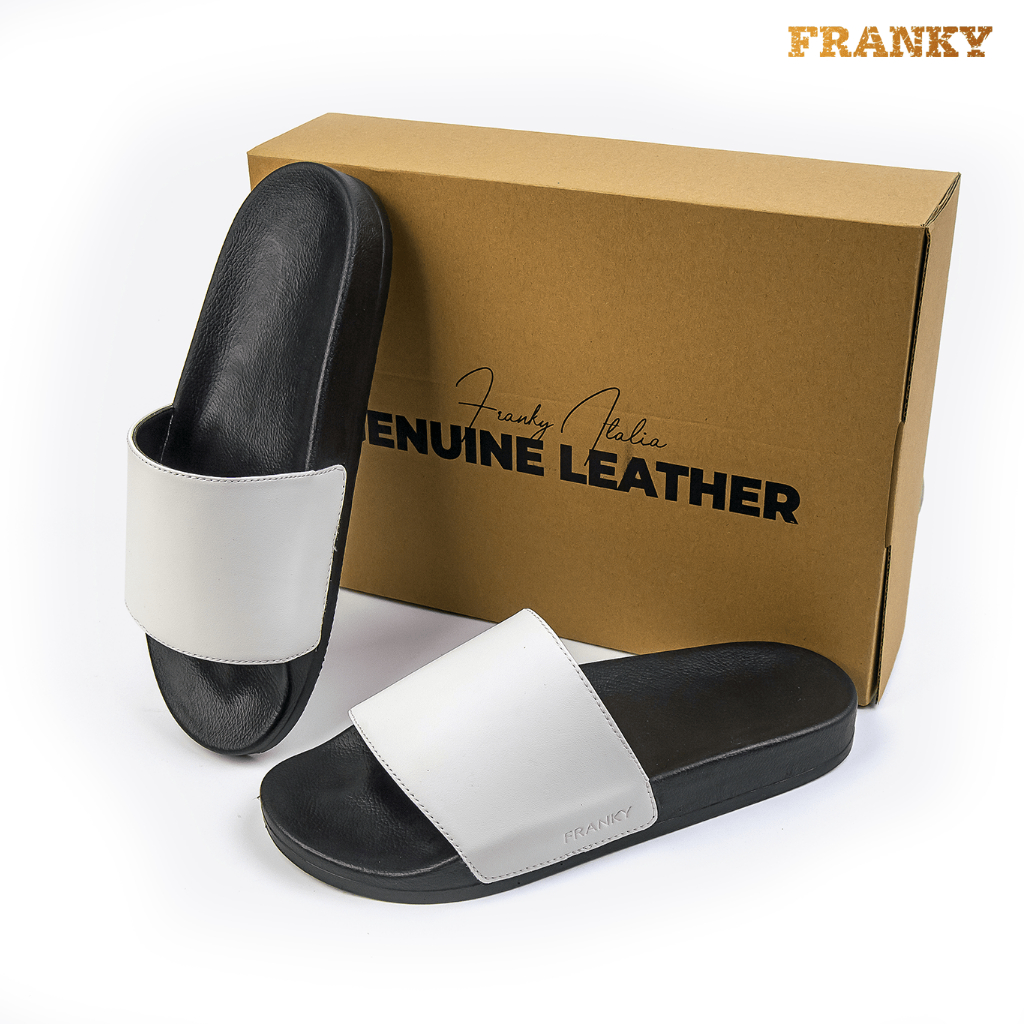 Dép Da Nam Franky Basic Slippers- White Da Bò Thật Đế Cao Su Chống Trơn Trượt