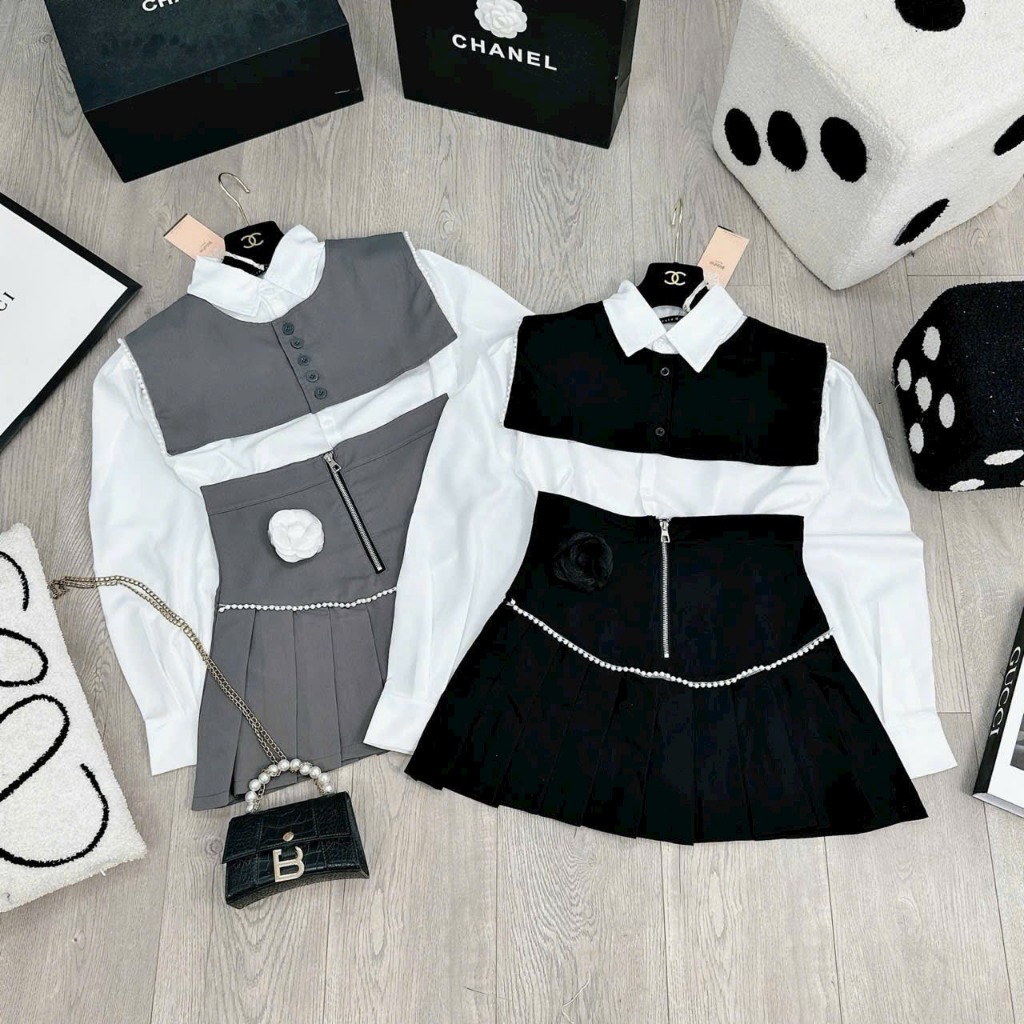 Set somi phối chân váy xếp lưng cao bigsize