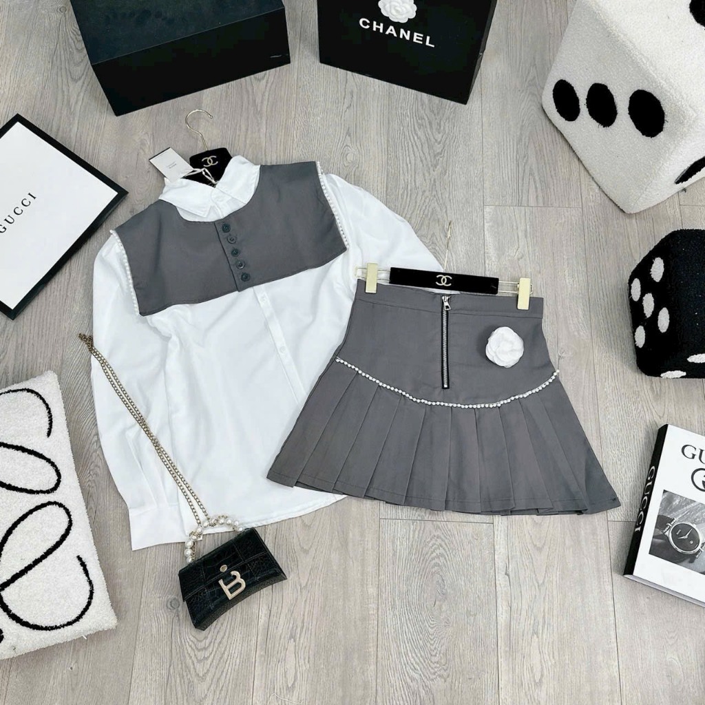 Set somi phối chân váy xếp lưng cao bigsize