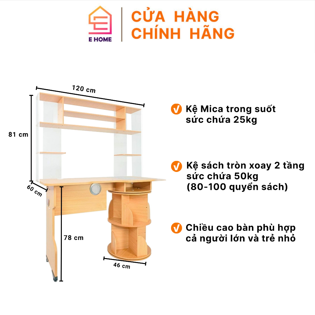 Bàn Đa Năng Kết Hợp Kết Sách Tròn Xoay và Kệ Mica EHOME Hiện Đại Thông Minh Gỗ Mdf ET Lite