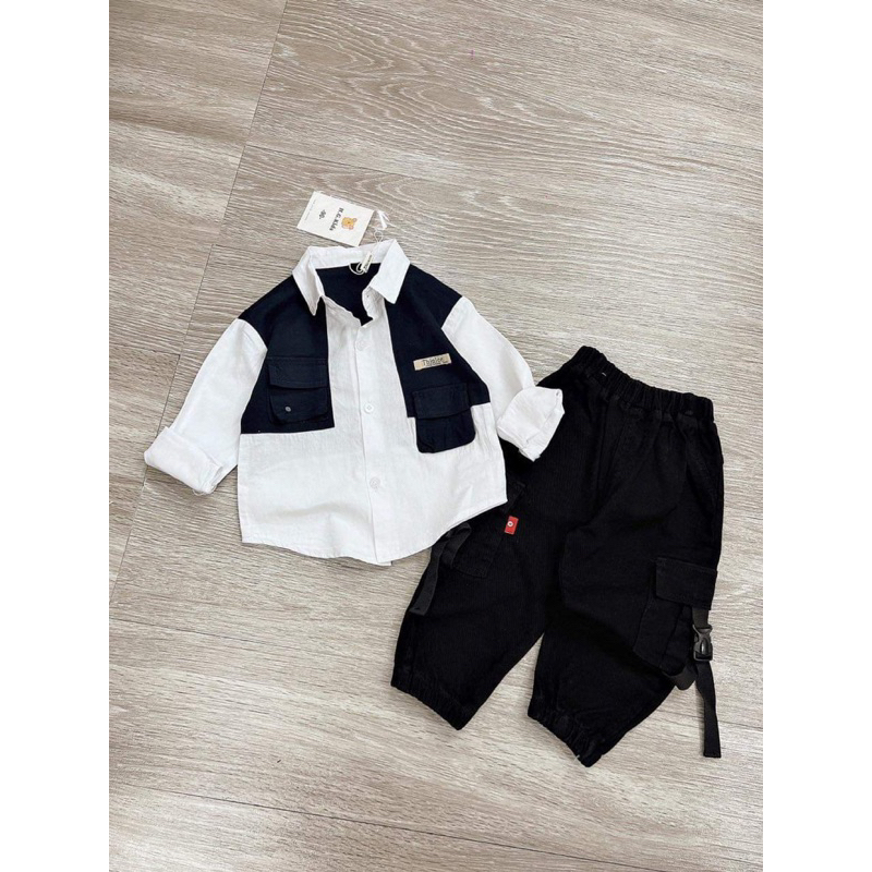 Bộ bé trai,Sét áo sơ mi Per - quần túi hộp kaki cho bé 8 đến 35kg